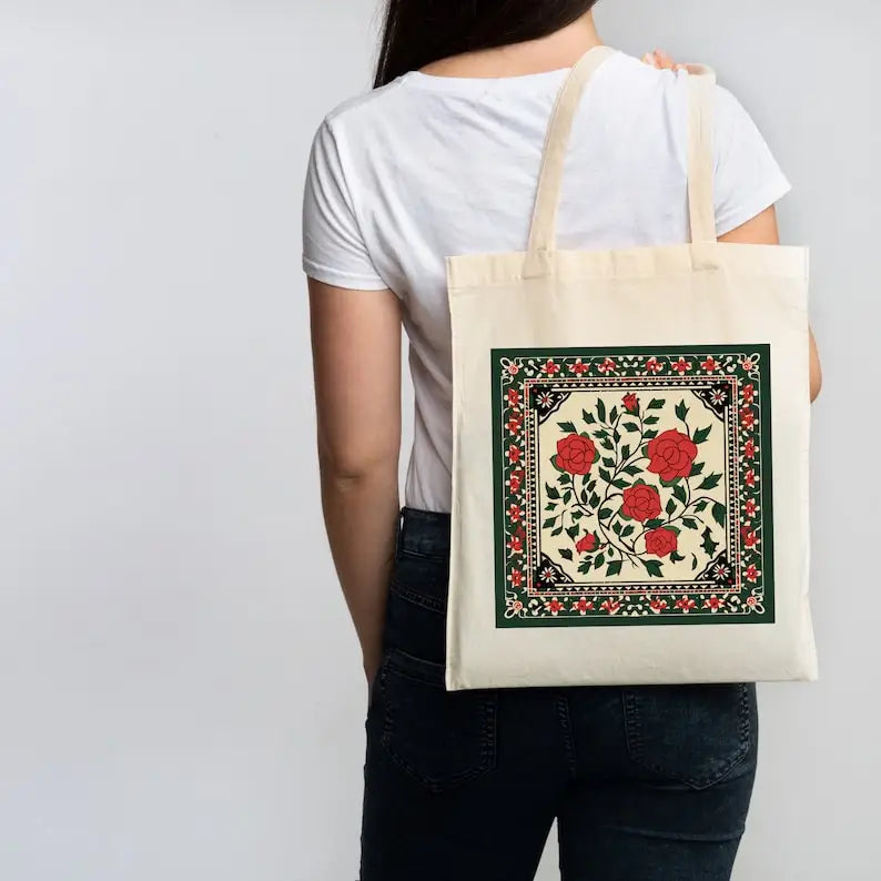 Palestinian-Inspired Floral Tote Bag | حقيبة قماش بزخرفة فلسطينية